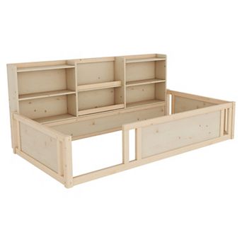 Pnronnc Wooden Platform Floor Bed with Fence Guardrails, Storage Shelves, Montessori Kids Bed Frame