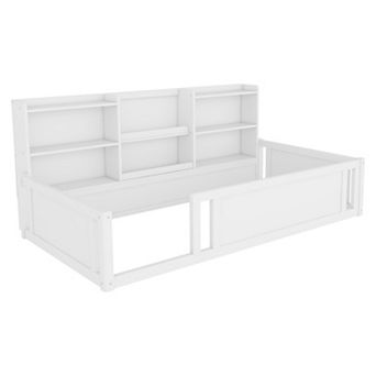 Pnronnc Wooden Platform Floor Bed with Fence Guardrails, Storage Shelves, Montessori Kids Bed Frame