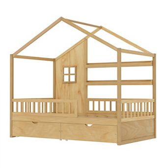 Pnronnc Wooden House Bed Frame for Kids with Curtains, Guardrails, Storage Shelves & 2 Drawers
