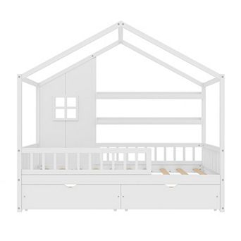 Pnronnc Wooden House Bed Frame for Kids with Curtains, Guardrails, Storage Shelves & 2 Drawers