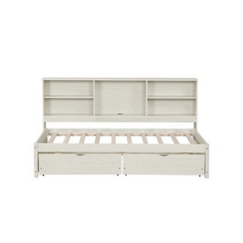 Pnronnc Wooden Twin Daybed with Charging Station, Side Bookcase Storage, 2 Drawers, Kids Bed Frame