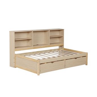 Pnronnc Wooden Twin Daybed with Charging Station, Side Bookcase Storage, 2 Drawers, Kids Bed Frame