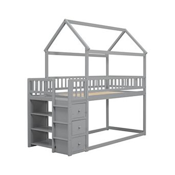 Pnronnc Wooden Twin Over Twin House Bunk Bed Frame with Roof Shelves Drawers Guardrails for Kids