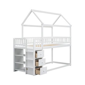Pnronnc Wooden Twin Over Twin House Bunk Bed Frame with Roof Shelves Drawers Guardrails for Kids
