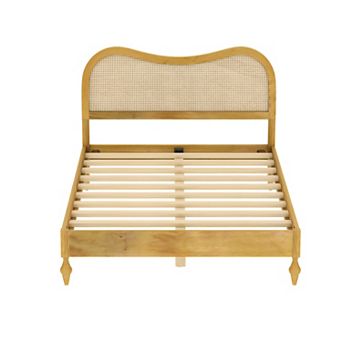 Pnronnc Wooden Platform Bed Frame with Curved Rattan Cane Headboard, Central Support Leg Design