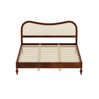 Pnronnc Wooden Platform Bed Frame with Curved Rattan Cane Headboard, Central Support Leg Design