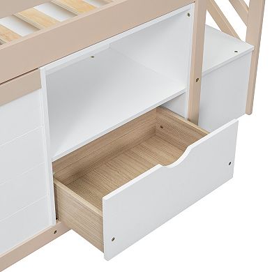 Pnronnc Kids Twin Size Bed Frame Low Loft Bed with Guardrails, Storage Stairs, Drawer