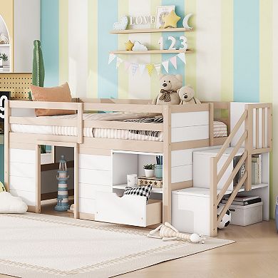 Pnronnc Kids Twin Size Bed Frame Low Loft Bed with Guardrails, Storage Stairs, Drawer
