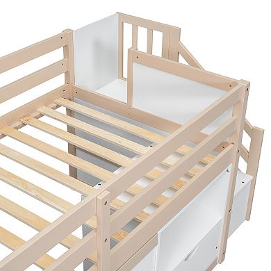 Pnronnc Kids Twin Size Bed Frame Low Loft Bed with Guardrails, Storage Stairs, Drawer