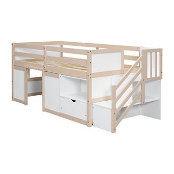 Pnronnc Kids Twin Size Bed Frame Low Loft Bed with Guardrails, Storage Stairs, Drawer