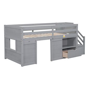 Pnronnc Kids Twin Size Bed Frame Low Loft Bed with Guardrails, Storage Stairs, Drawer