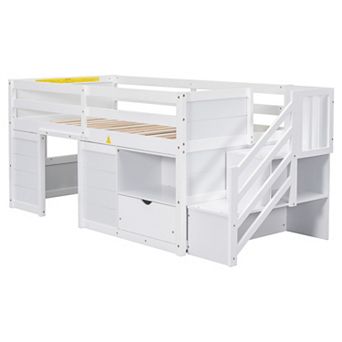 Pnronnc Kids Twin Size Bed Frame Low Loft Bed with Guardrails, Storage Stairs, Drawer