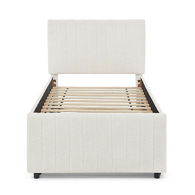 Pnronnc Vertical Striped Upholstered Bed Frame with Pull Out Trundle, Chenille Platform Bed Frame