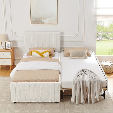 Pnronnc Vertical Striped Upholstered Bed Frame with Pull Out Trundle, Chenille Platform Bed Frame
