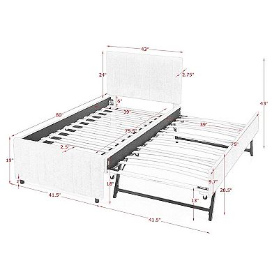 Pnronnc Vertical Striped Upholstered Bed Frame with Pull Out Trundle, Chenille Platform Bed Frame