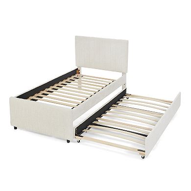 Pnronnc Vertical Striped Upholstered Bed Frame with Pull Out Trundle, Chenille Platform Bed Frame