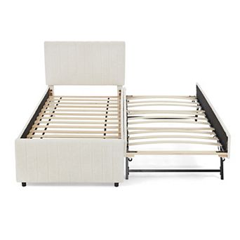 Pnronnc Vertical Striped Upholstered Bed Frame with Pull Out Trundle, Chenille Platform Bed Frame