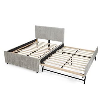 Pnronnc Vertical Striped Upholstered Bed Frame with Pull Out Trundle, Chenille Platform Bed Frame