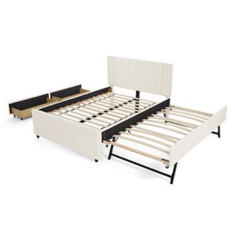 Pnronnc Vertical Channel Upholstered Bed Frame with Nailhead Trim Headboard, 2 Drawers, Trundle Bed