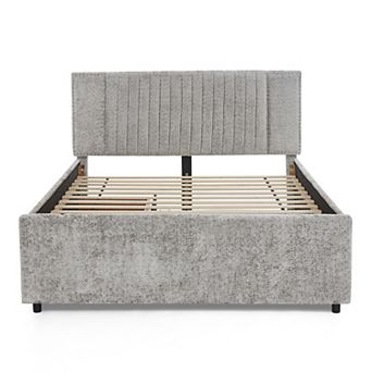 Pnronnc Vertical Channel Upholstered Bed Frame with Nailhead Trim Headboard, 2 Drawers, Trundle Bed