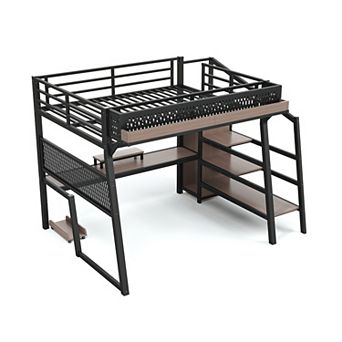 Pnronnc Metal Loft Bed Frame with Gaming Desk Storage Stairs Wardrobe LED Lights Charging Station