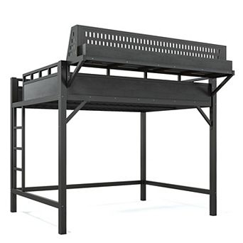 Pnronnc Metal Loft Bed Frame with Shelves Charging Station LED Light Ladders Wooden Guardrails