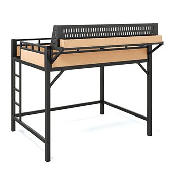 Pnronnc Metal Loft Bed Frame with Shelves Charging Station LED Light Ladders Wooden Guardrails