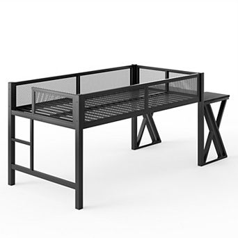 Pnronnc Metal Loft Bed Frame with Desk LED Lights Charging Station Ladders Mesh Guardrail for Kids