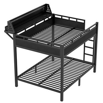 Pnronnc Metal Bunk Bed Frame for Kids Teens, Shelves Charging Station LED Ladders Wooden Guardrails