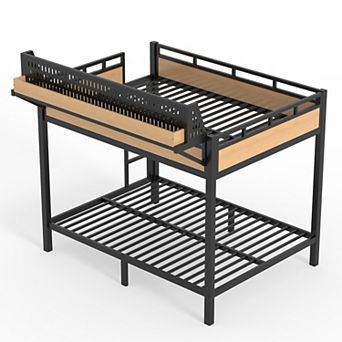 Pnronnc Metal Bunk Bed Frame for Kids Teens, Shelves Charging Station LED Ladders Wooden Guardrails