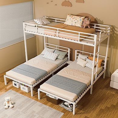 L Shaped Triple Metal Bunk Bed for Kids, Separates into 3 Twin Beds with Ladder