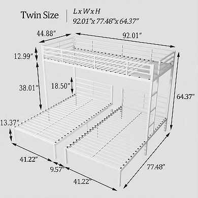 L Shaped Triple Metal Bunk Bed for Kids, Separates into 3 Twin Beds with Ladder