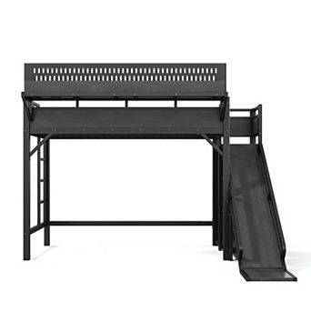 Pnronnc Metal Loft Bed Frame with Slide, Wardrobe, Shelves, Charging Station & LED Lights for Kids