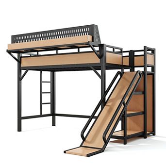 Pnronnc Metal Loft Bed Frame with Slide, Wardrobe, Shelves, Charging Station & LED Lights for Kids