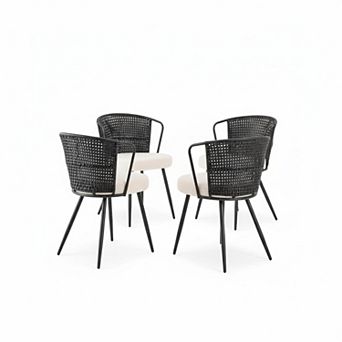 Set Of 4 Rattan Dining Chairs Upholstered Boucle Cushion Wingback Metal Frame