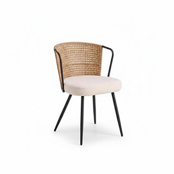 Set Of 4 Rattan Dining Chairs Upholstered Boucle Cushion Wingback Metal Frame