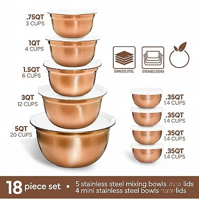 18 Piece Stainless Steel Mixing Set Airtight Lids Nesting Food Storage Containers Meal Prep Kitchen