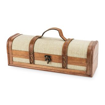Vintage Trunk Wood Wine Bottle Gift Box 1 Bottle Faux Leather Brass Cloth