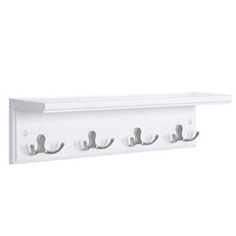 Wall Mounted Coat Rack Wooden Shelf 4 Dual Hooks Entryway Storage