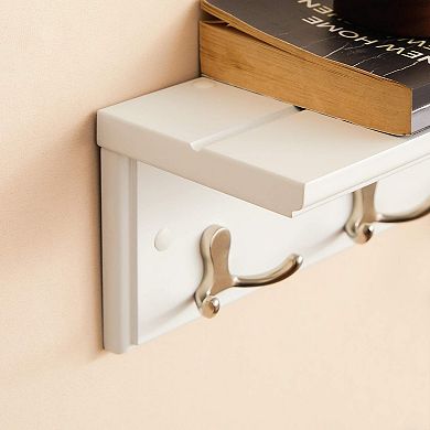 Wall Mounted Coat Rack Wooden Shelf 4 Dual Hooks Entryway Storage