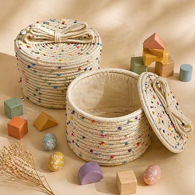 Small Storage Baskets With Lids Round Woven Rope Bow Handle Pom-pom Decorative Organizer Home Gift