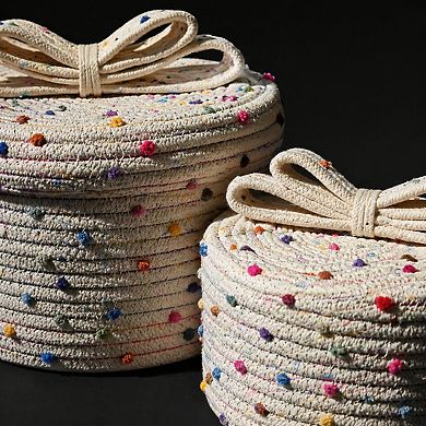 Small Storage Baskets With Lids Round Woven Rope Bow Handle Pom-pom Decorative Organizer Home Gift