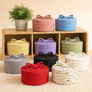 Small Storage Baskets With Lids Round Woven Rope Bow Handle Pom-pom Decorative Organizer Home Gift