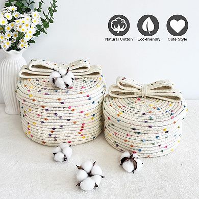 Small Storage Baskets With Lids Round Woven Rope Bow Handle Pom-pom Decorative Organizer Home Gift