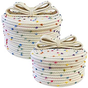 Small Storage Baskets With Lids Round Woven Rope Bow Handle Pom-pom Decorative Organizer Home Gift