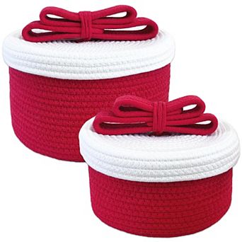 Small Storage Baskets With Lids Round Woven Rope Bow Handle Pom-pom Decorative Organizer Home Gift