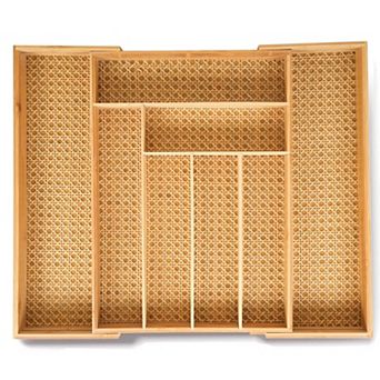 Expandable Rattan Drawer Organizer Rustic Wood Utensil Tray Adjustable 13-22 in Multi-Use Storage