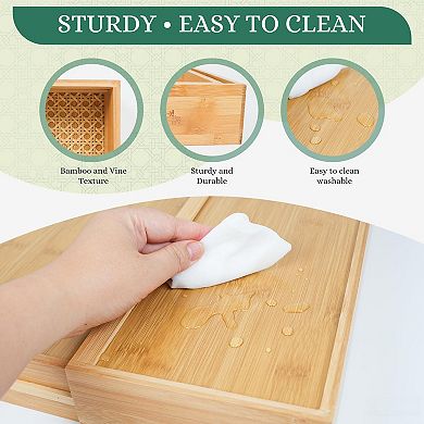 Expandable Rattan Drawer Organizer Rustic Wood Utensil Tray Adjustable 13-22in Multi-Use Storage