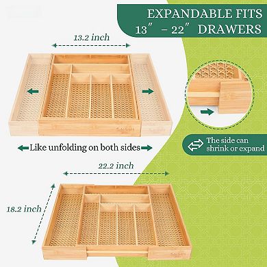 Expandable Rattan Drawer Organizer Rustic Wood Utensil Tray Adjustable 13-22in Multi-Use Storage