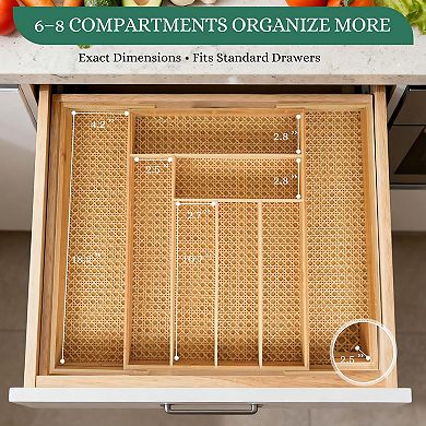 Expandable Rattan Drawer Organizer Rustic Wood Utensil Tray Adjustable 13-22in Multi-Use Storage